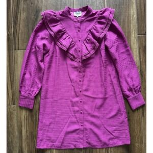 French Paris Pink Ruffle Top Dress Magenta Button Front Mini Small NEW‎